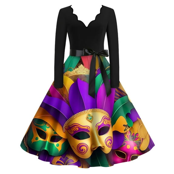 JGNGSHN Womens Carnival Dresses Mardi Gras Trendy Long Sleeve V Neck Dress Mardi Gras Mask Printed Pleated Vintage Hepburn Dresses