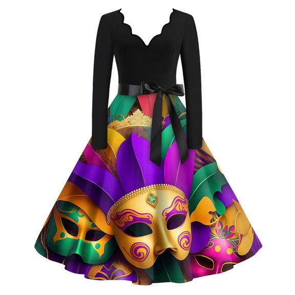 JGNGSHN Womens Carnival Dresses Mardi Gras Trendy Long Sleeve V Neck Dress Mardi Gras Mask Printed Pleated Vintage Hepburn Dresses