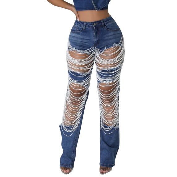 JGNGSHN Womens Cut Out Denim Jeans Fashion Straight Leg High Waisted Ripped Jeans High Street Boyfried Denim Pants