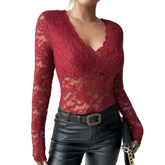 JGNGSHN Womens Dressy Floral Lace Long Sleeve Tops See Through V Neck Slim Fitted Blouse