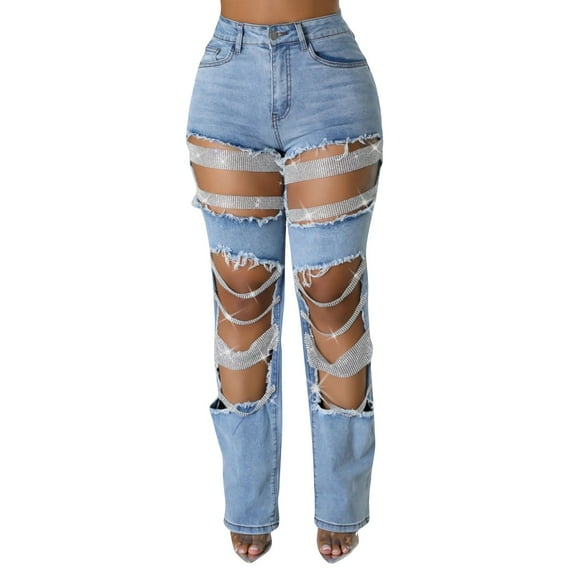JGNGSHN Womens High Waist Ripped Boyfriend Jeans Fashion Destroyed Straight Wide Leg Denim Pants