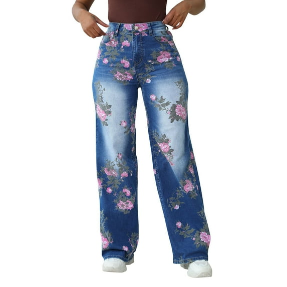 JGNGSHN Womens Jeans Fashion Flower Print Wide Leg Pants Blue Wash Denim Pants Loose Trousers