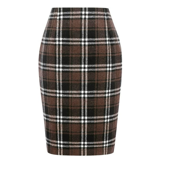 JGNGSHN Womens Knee Length Elastic Waist Stretchy Bodycon Plaid Business Pencil Skirt