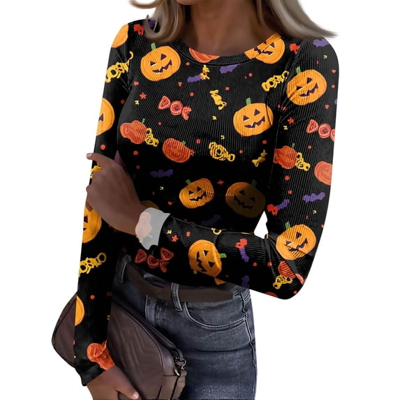 JGNGSHN Womens Long Sleeve Halloween Tops Casual Crewneck Stretch Fitted Ribbed Fun Scary Horror Basic Tee Going Out Workout Outfits