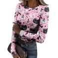 thumbnail image 1 of JGNGSHN Womens Long Sleeve Halloween Tops Casual Crewneck Stretch Fitted Ribbed Knit Trendy Pumpkins Skull Printed Basic Tee Going Out Top, 1 of 8