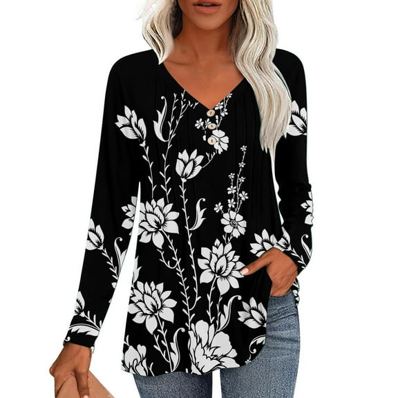 JGNGSHN Womens Long Sleeve Shirts Casual Pleated Button V-Neck Blouse Fashion Loose Fit 2025 Spring Tops