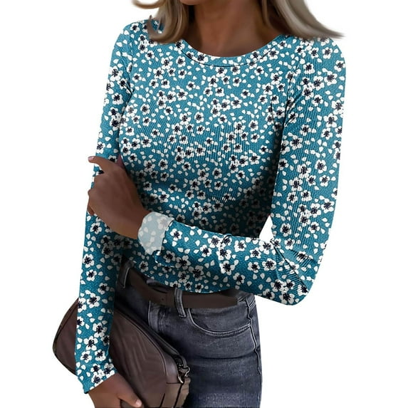 JGNGSHN Womens Long Sleeve Tops Casual Slim Fitted Stretchy Round Crew Ribbed Knit T-Shirt Printed T-Shirt 2025 Fall Clothes