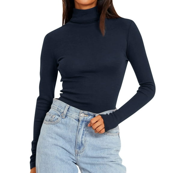 JGNGSHN Womens Long Sleeve Turtleneck T-Shirts Mock Neck Underwear Fall Winter Fashion Base Layer Casual Lightweight Soft Tops Navy