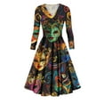 thumbnail image 1 of JGNGSHN Womens Mardi Gras Dresses Fashion Long Sleeve V Neck Carnival Mask Printed Dress Pleated Parade Dress, 1 of 6