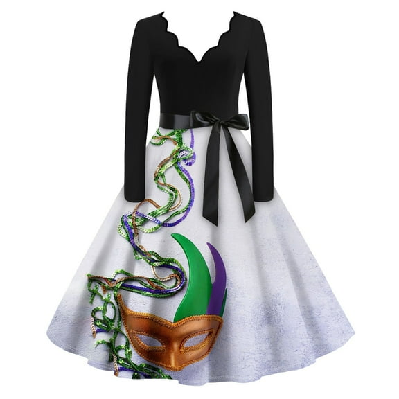 JGNGSHN Womens Mardi Gras Dresses Soft Long Sleeve V Neck Dress Mardi Gras Mask Printed Pleated Retro Hepburn Dresses