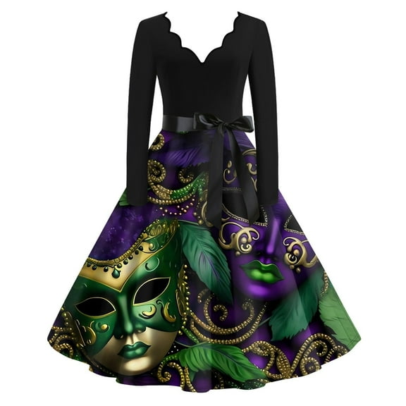 JGNGSHN Womens Mardi Gras Ottfi Trendy Long Sleeve V Neck Dress Mardi Gras Mask Printed Pleated Vintage Hepburn Dresses