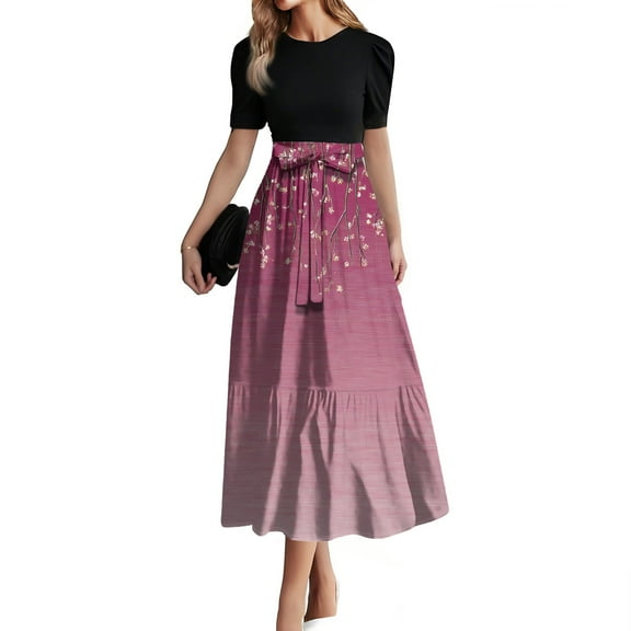 JGNGSHN Womens Maxi Dresses with Sleeves Summer Casual Crewneck A Line Tiered Beach Dress Flowy Swing Empire Waist Boho Vacation Sundresses