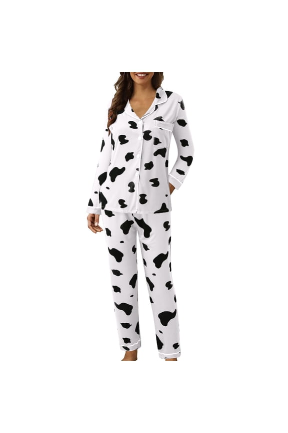 Womens Pajamas Sets Long Sleeve Print Sleepwear Button Down Loungewear Soft 2 Piece Pjs Set with Pockets Fall Lounge Set