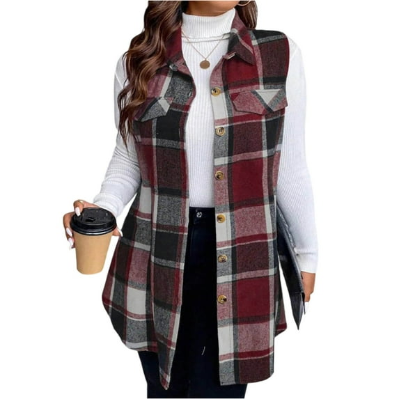 JGNGSHN Womens Plaid Vest Button Down Sleeveless Lapel Neck Long Vest Tops Outerwear Casual Flannel Waistcoat Jackets