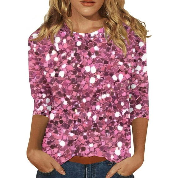 JGNGSHN Womens Sequin Tops 3/4 Sleeve Shirts Crew Neck Blouses Glitter Party Disco Sparkle Top Blouse for Party Club Concert