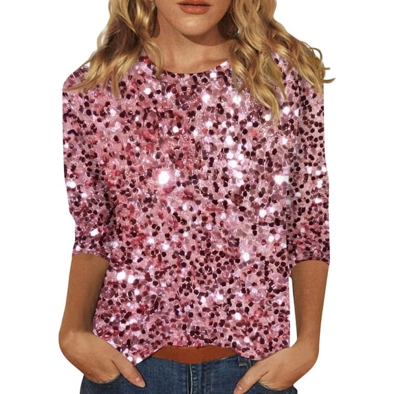 JGNGSHN Womens Sequin Tops 3/4 Sleeve Shirts Crew Neck Blouses Glitter Party Disco Sparkle Top Blouse for Party Club Concert