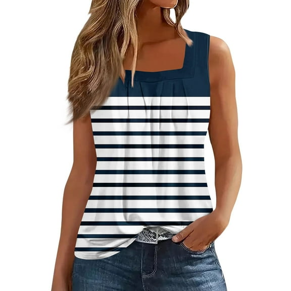 JGNGSHN Womens Summer Tank Tops Square Neck Pleated Sleeveless Shirts Loose Fit Striped Print Blouse Holliday Clothes