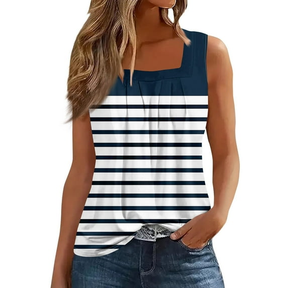 JGNGSHN Womens Summer Tank Tops Square Neck Pleated Sleeveless Shirts Loose Fit Striped Print Blouse Holliday Clothes