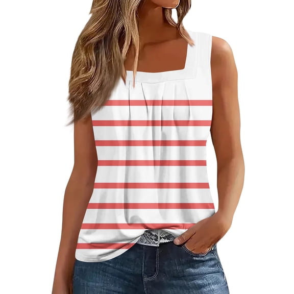 JGNGSHN Womens Tank Tops Summer Casual Pleated Square Neck Sleeveless Top Plus Size Striped Print Tuncis Vacation Clothes