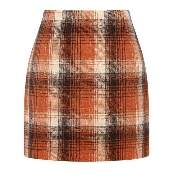JGNGSHN Womens Wool Plaid Mini Skirt Fall Winter High Waisted Bodycon Pencil Skirt
