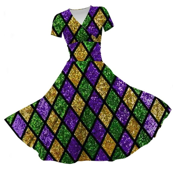 JGNGSHN womens Carnival dresses Mardi Gras Fashion Short Sleeve Dress Casual V Neck Printed Swing Womens Dresses