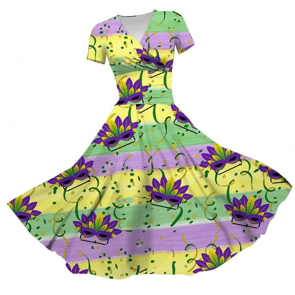 JGNGSHN womens Mardi Gras Dresses Summer Trendy Carnival Themed Print Parade Party Dress Casual V Neck Short Sleeve Maxi Dress