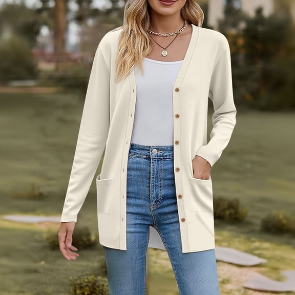 JGQJGAK Basic Crew Neck Cardigan, Basic Crew Neck Long Sleeve Button Down Cardigan Faux Wool Material Soft Warm Lightweight Acrylic Yarn, Beige Long Sleeve Button Down Sweater, Beige 3XL, Size S-3XL