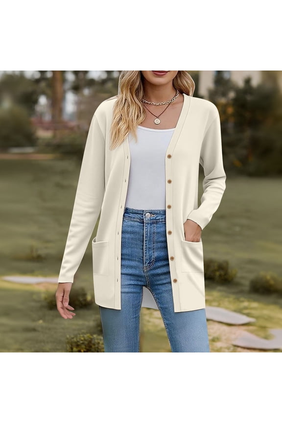JGQJGAK Basic Crew Neck Cardigan, Basic Crew Neck Long Sleeve Button Down Cardigan Faux Wool Material Soft Warm Lightweight Acrylic Yarn, Beige Long Sleeve Button Down Sweater, Beige 3XL, Size S-3XL