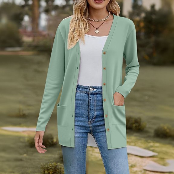 JGQJGAK Basic Crew Neck Cardigan, Basic Crew Neck Long Sleeve Button Down Cardigan Faux Wool Material Soft Warm Lightweight Acrylic Yarn, Green Long Sleeve Button Down Sweater, Green 3XL, Size S-3XL