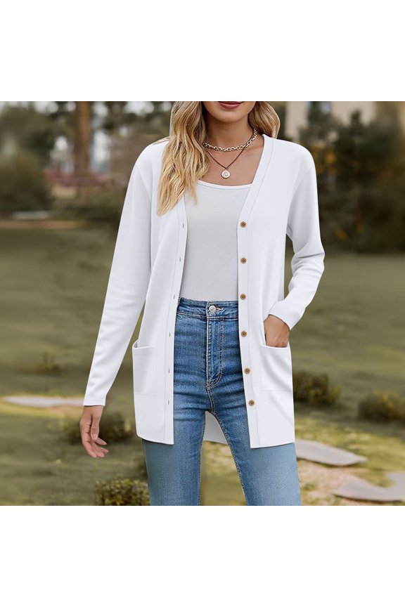 JGQJGAK Basic Crew Neck Cardigan, Basic Crew Neck Long Sleeve Button Down Cardigan Faux Wool Material Soft Warm Lightweight Acrylic Yarn, White Long Sleeve Button Down Sweater, White 2XL, Size S-3XL
