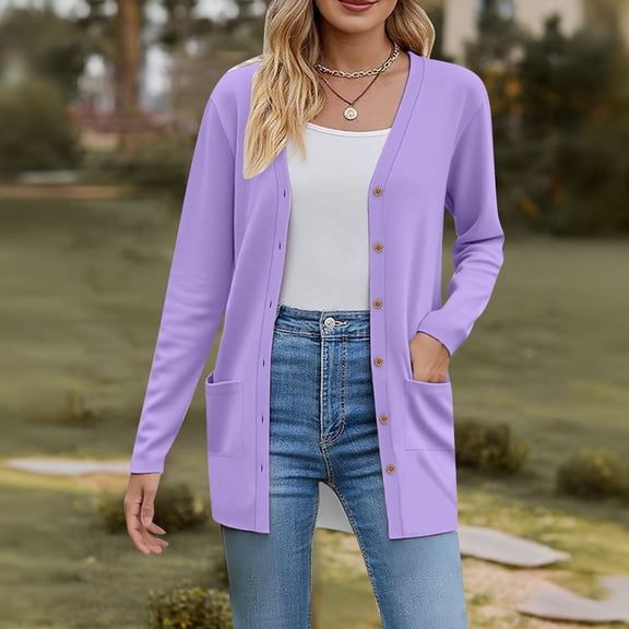 JGQJGAK Basic Crew Neck Long Sleeve Button Down Cardigan Faux Cotton Material Soft Warm Lightweight Acrylic Yarn, Purple 2XL, Size S-3XL
