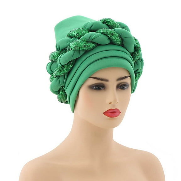 JGQJGAK Fashion Women Beading Braid Muslim Ruffle Cancer Beanie Wrap Cap, Green One Size
