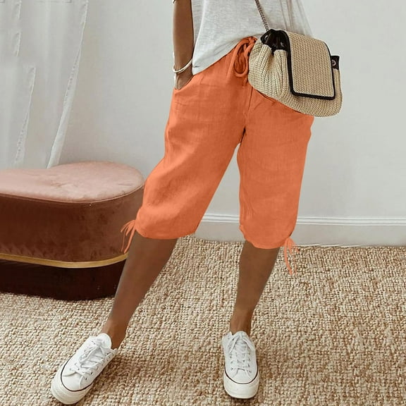 JGQJGAK Knee Length Drawstring Casual Solid Color Shorts, Orange S-3XL