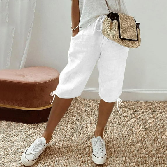 JGQJGAK Knee Length Drawstring Casual Solid Color Shorts, White S-3XL