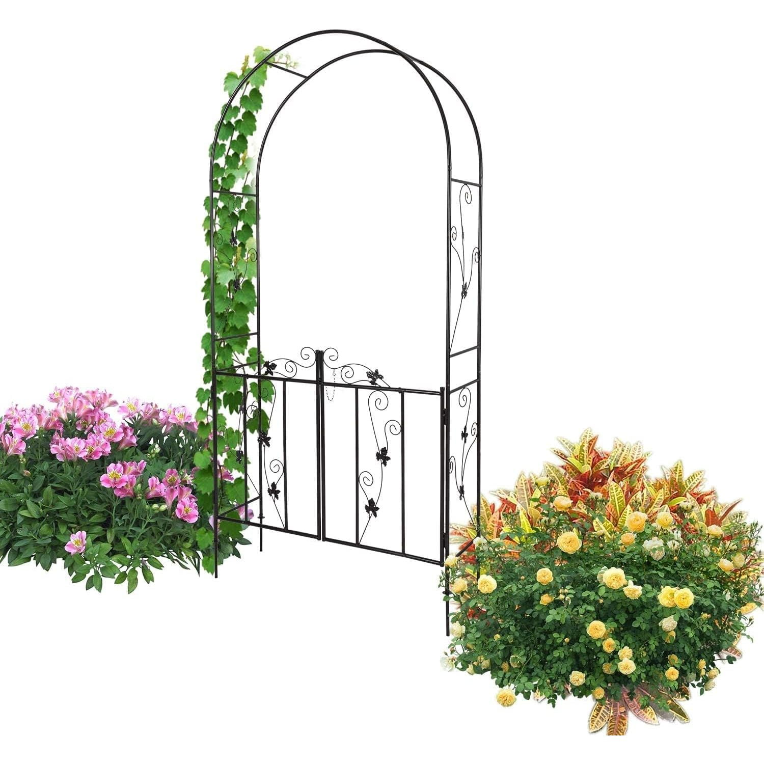 JGSP Outdoor Garden Arch Trellis, Garden Arbor with Gate for Climbing Plants Vine, Black