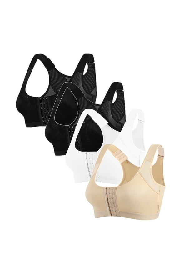 4PC Front Closure Bras For Women No Underwire Plus Size Full Coverage Bras Front Snap Bras Post Surgery Front Closure Brassiere Sports Bra Zip Wireless Minimizer Bra