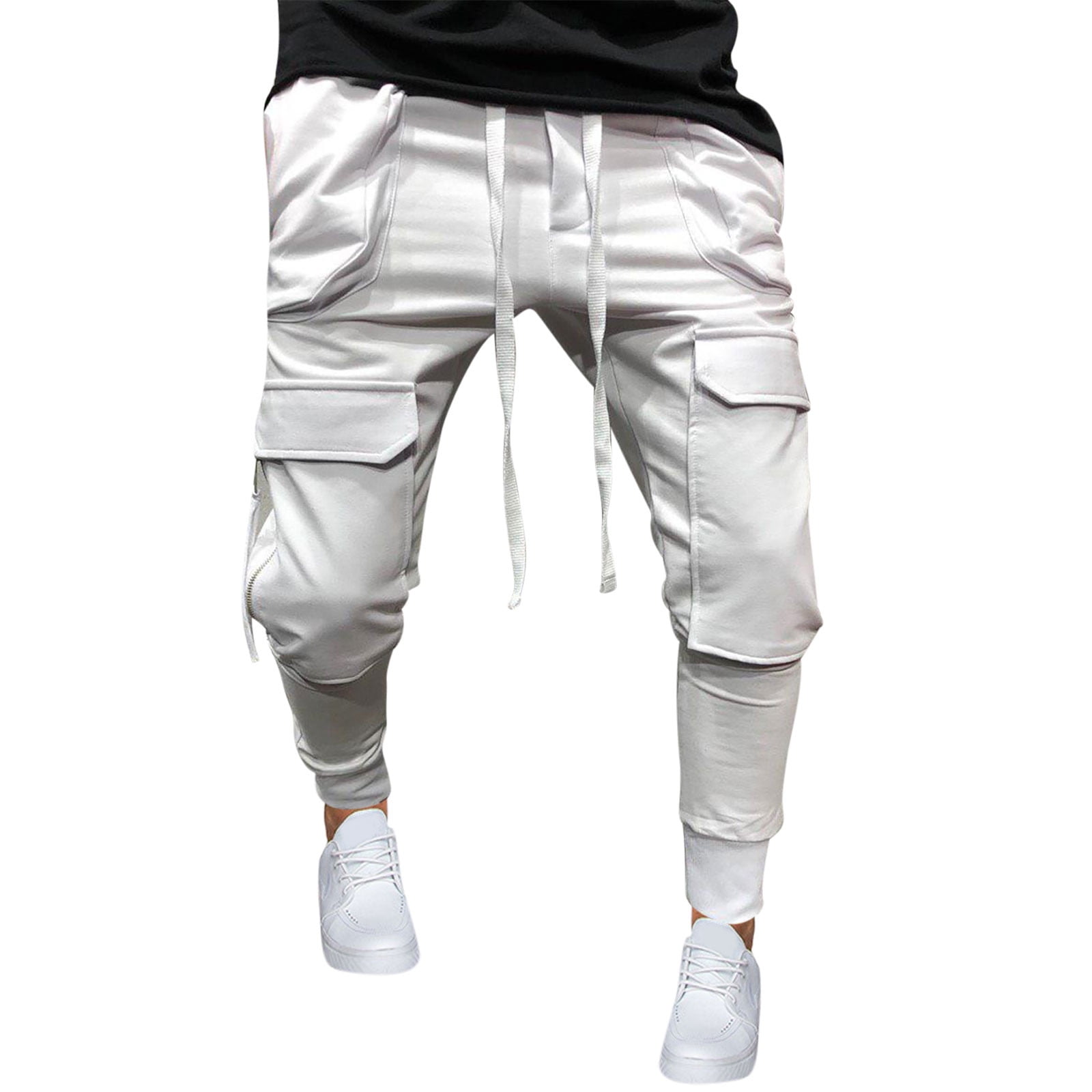 XYXIONGMAO Men's White Techwear Harem Pants - Functional Multi-Pocket Joggers, Streetwear Style