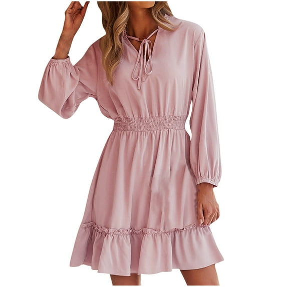 JGTDBPO Fall Dress For Women 2024 Casual Comfortable Long Sleeve Loose V-Neck Solid Color Dress Knee Length Dress A-Line Dress
