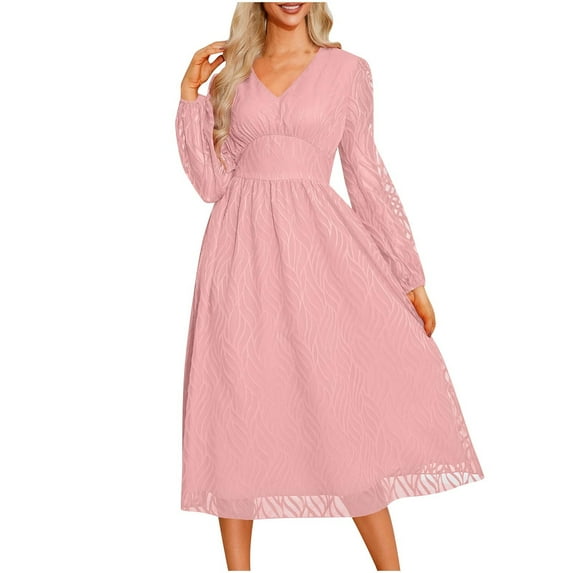 JGTDBPO Fall Dress For Women Fashion Sexy Vintage Long Sleeve V-Neck Work Party Loose Ankle-Length A-Line Flowy Dress 2024 Modest Wedding Guest Dress