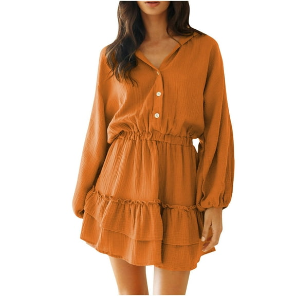 JGTDBPO Fall Dress For Women 2024 Fashion Women Casual V-Neck Long-Sleeved Loose Comfy Dresses Above Knee Outing Dress Ruffle Layered Color Mini Dress For Women