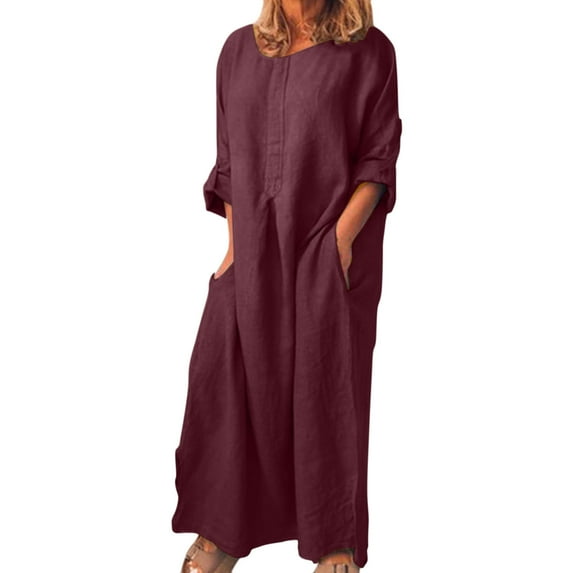 JGTDBPO Fall Dresses For Women 2023 Cotton Linen Shirt Dress Plus Size Casual Loose Maxi Long Dresses Solid Color Long Sleeve Round Neck Simple Long Shirt Daily Vacation Dress