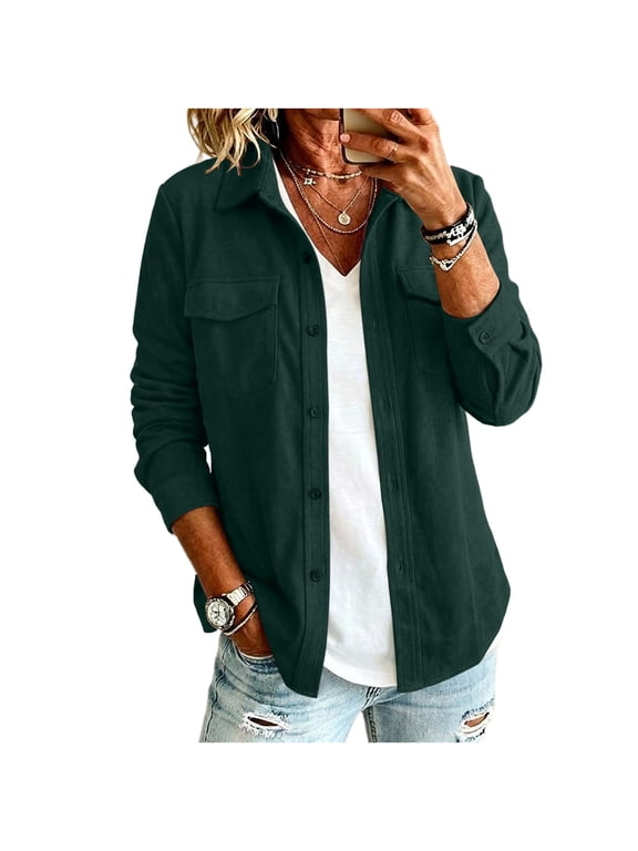 Faux Suede Jacket Women Button Down Long Sleeve Coats Fall Winter Vintage Fashion Trendy Outerwear Collared Shackets Green 2XL