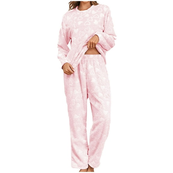 JGTDBPO Flannel Pajama Sets For Women Cute Round Neck Long Sleeve Nightwear Top And Pants Fleece Sleepwear Soft Pajamas Set Warm Home Clothes Loungewear 2 Piece Pjs Set