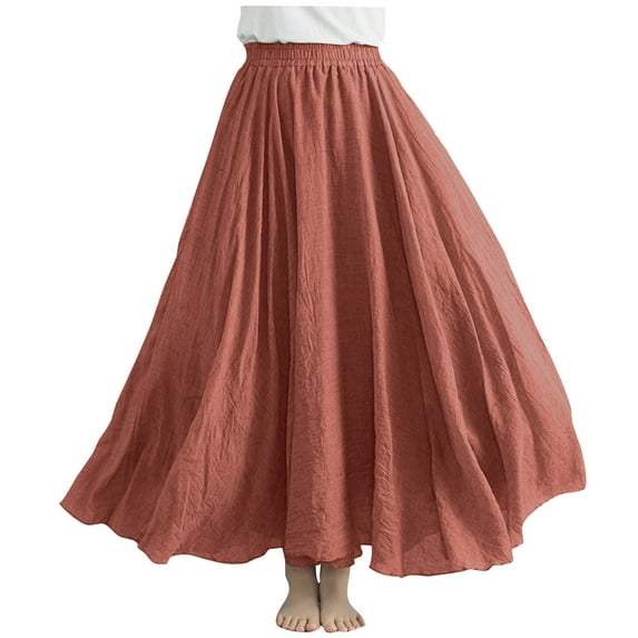 JGTDBPO Flowy Maxi Skirt for women linen Summer Pleated Casual Beach Long Skirts High Waiste Elastic Ruffle Swing A-line Skirts Big Hem Ankle Length Skirt