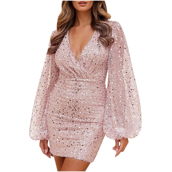 JGTDBPO Formal Dresses For Women Sexy V-Neck Elegant Party Dress Long Sleeve Evening Party Cocktail Dress Wrap Hip Dress Sequin Out Slim Mini Gowns Dress Wedding Guest Dresses For Women 2024