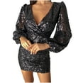 thumbnail image 1 of JGTDBPO Formal Dresses For Women Sexy V-Neck Elegant Party Dress Long Sleeve Evening Party Cocktail Dress Wrap Hip Dress Sequin Out Slim Mini Gowns Dress Wedding Guest Dresses For Women 2024, 1 of 6