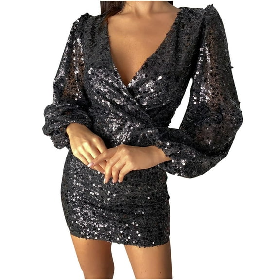 JGTDBPO Formal Dresses For Women Sexy V-Neck Elegant Party Dress Long Sleeve Evening Party Cocktail Dress Wrap Hip Dress Sequin Out Slim Mini Gowns Dress Wedding Guest Dresses For Women 2024