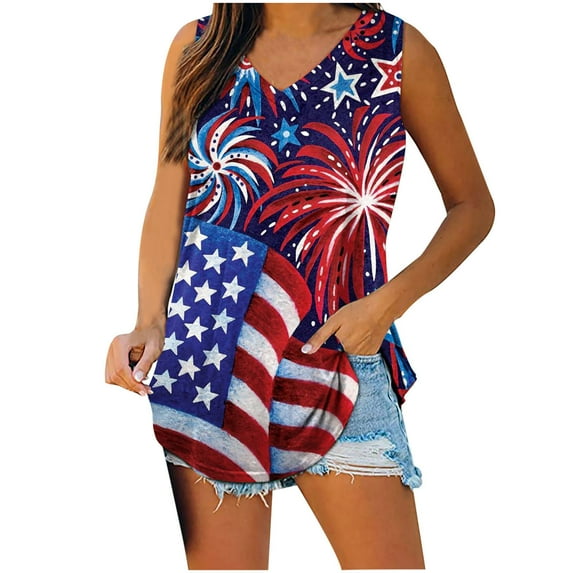 JGTDBPO Independence Day T-Shirt For Women Plus Size Summer Tank Tops In Red White And Blue Stylish Top Women Short Sleeveless V-Neck Independence Day Loose T-Shirt Blouse Tops Vest