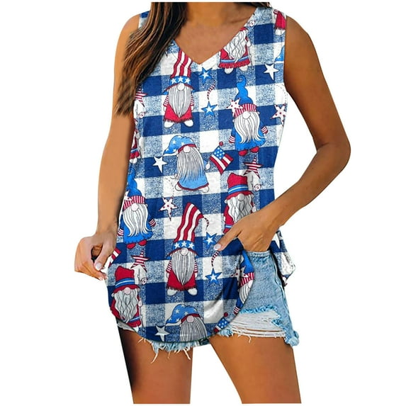 JGTDBPO Independence Day T-Shirt For Women Plus Size Summer Tank Tops In Red White And Blue Stylish Top Women Short Sleeveless V-Neck Independence Day Loose T-Shirt Blouse Tops Vest