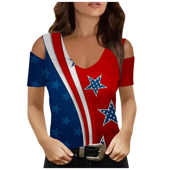 JGTDBPO Independence Day T-Shirt For Women Plus Size Summer Tops In Red White And Blue Stylish Top Women's Summer V-Neck Casual Short Sleeve Print Strapless Blouse Top